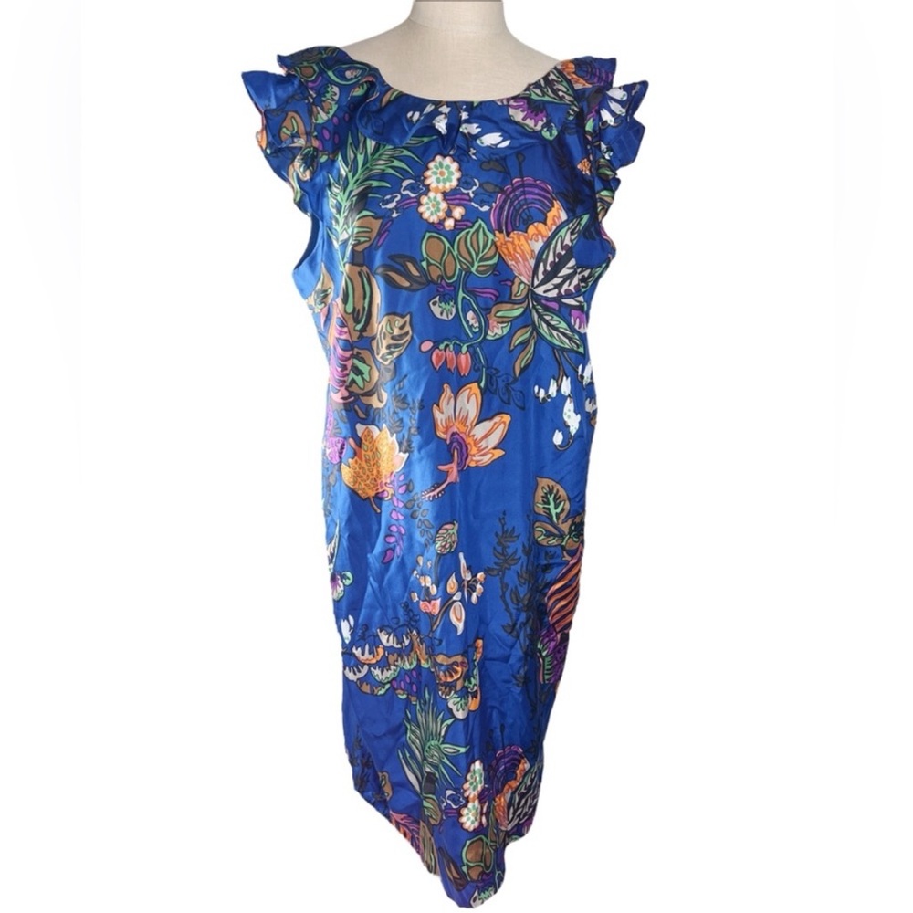J. Crew Lux Blue Silk Ruffled summer dress Botanical Midi dress Sleeveless Dress